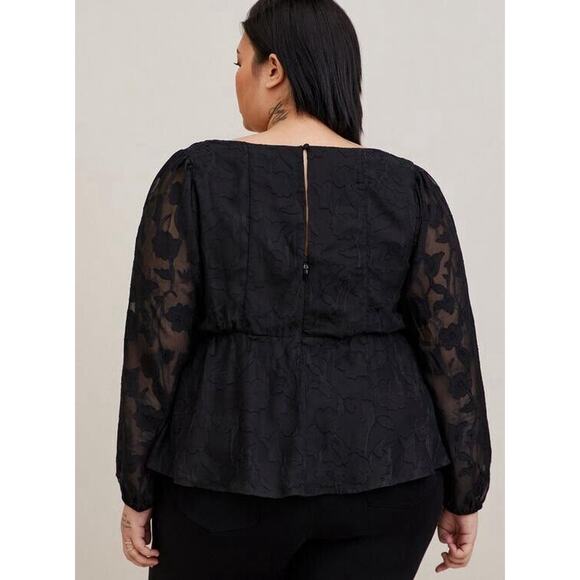 New Torrid Peplum Lace Puff Sleeve Top Size 4 Black Blouse Long Sleeve Plus - Picture 2 of 16